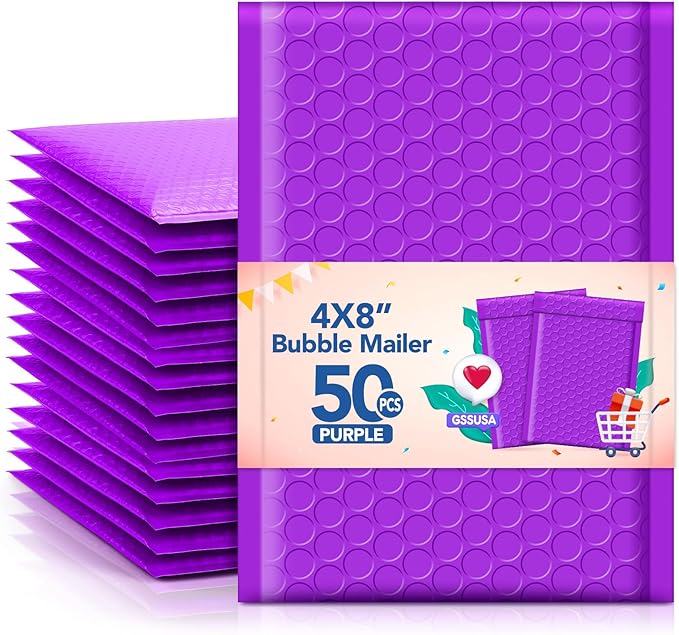 GSSSUSA Bubble Mailers 4x8 Inch 50 Pack Padded Envelopes Usable Size 4x7 Inch Shipping Envelopes Self Seal Small Packaging Shipping Bags for Mailing Jewelry, Small Business, Purple