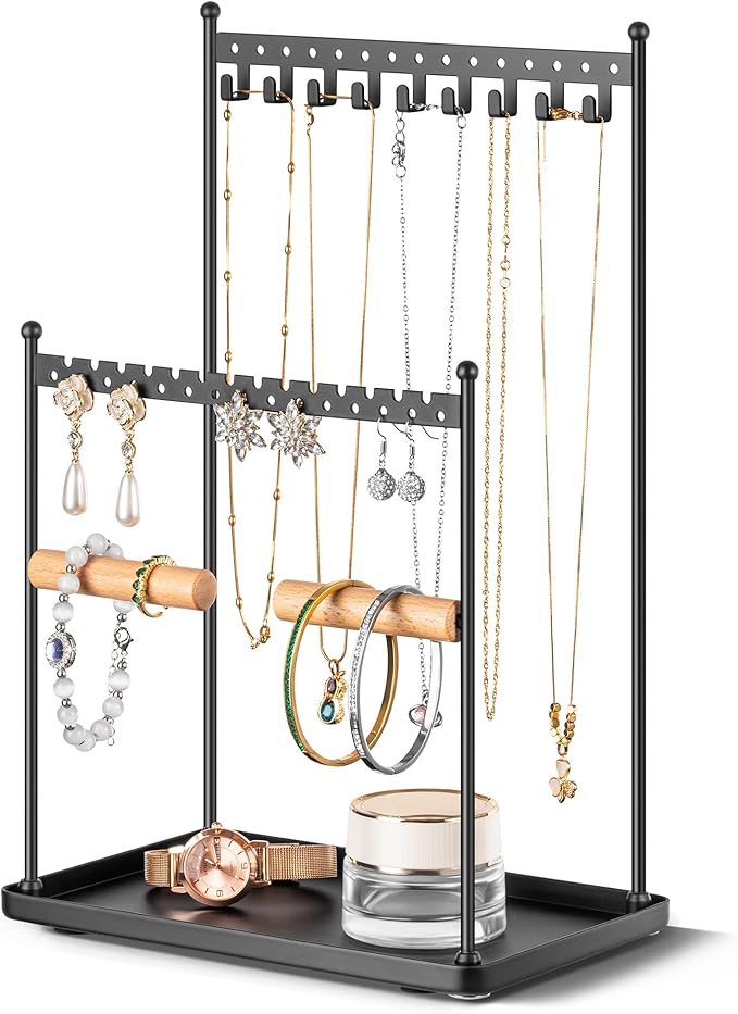 Jewelry Tower Necklace Holder Organizer – 3-Tier Jewelry Display Rack with Storage Tray – Holds 22 Pairs of Earrings, Bracelets, Rings, Necklaces – Gift for Girls & Women, Black