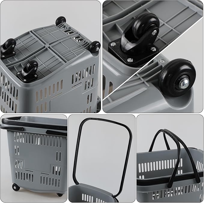 Ramddy 6-Pack 50 L Plastic Shopping Basket with Wheels and Handle, Grocery Shopping Basket, Grey