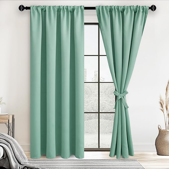 JIUZHEN Blackout Curtains for Bedroom– Thermal Insulated,Noise Reducing Room Darkening Privacy Drapes for Living Room, Set of 2 Panels with Tiebacks, 52 x 84 inch Long, Sage Green