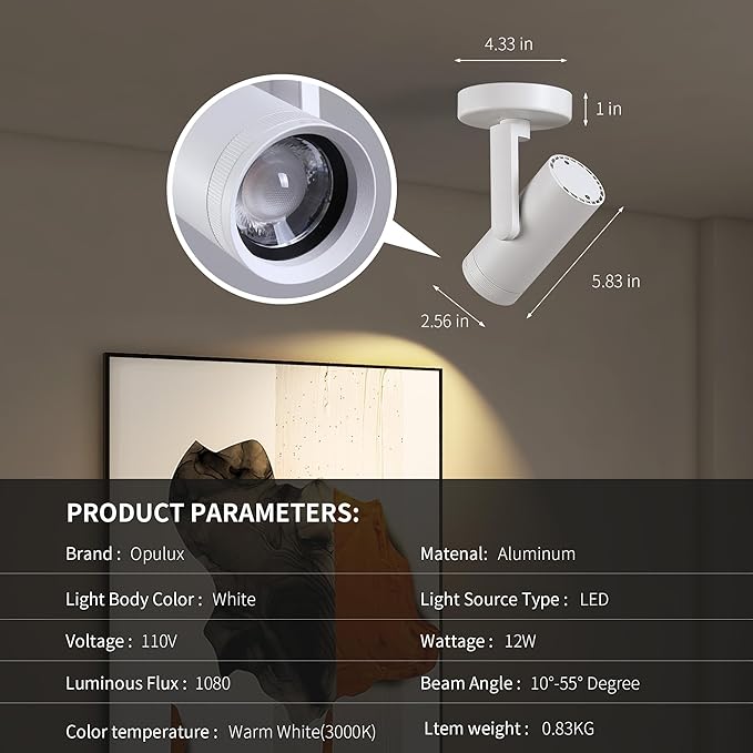 12W LED Dimmable Zoomable Ceiling Spotlight Indoor – Adjustable Surface Mount Accent Light for Corridor, Living Room, Plants & Artwork | Warm White 3000K CRI 97, Flicker-Free, White 2 Packs