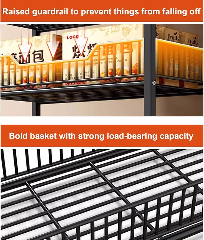 5 Tier Retail Display Rack, Metal Snack Rack with Wheels, 24inch Wide Chip Snack Display Stand with 15 Hooks for Kitchen Office Supermarket, Black