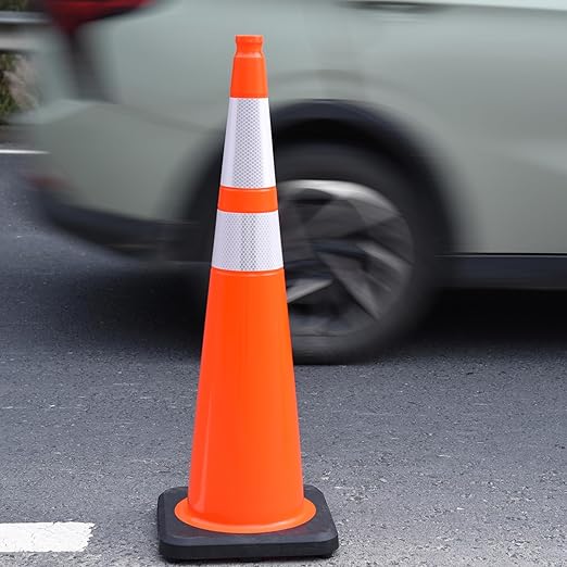 4 Pack 36 Inch Orange PVC Traffic Cones Black Base Stable Large Size, Highway Traffic Outdoor Construction Safety Warning Cones (4, Orange, 36 Inch)
