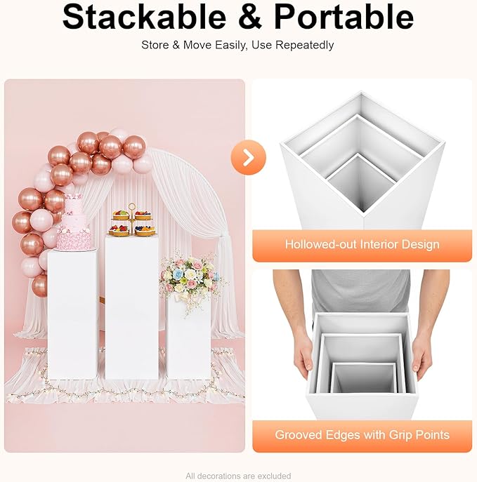 OUKANING 3 Pcs Metal Display Pedestal Stands, Square White Dessert Table Display Pillars, Decoration Cubes Sculpture Columns for Wedding Birthday Party Baby Shower Event, H39.37'', 35.43'', 27.56''