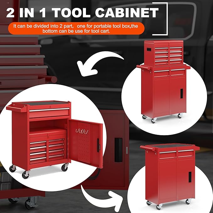 5-Drawer Tool Chest, Rolling Tool Storage Cabinet with Detachable Top Tool Box, Enhanced Packaging, Metal Tool Cart for Garage Workshop, Red