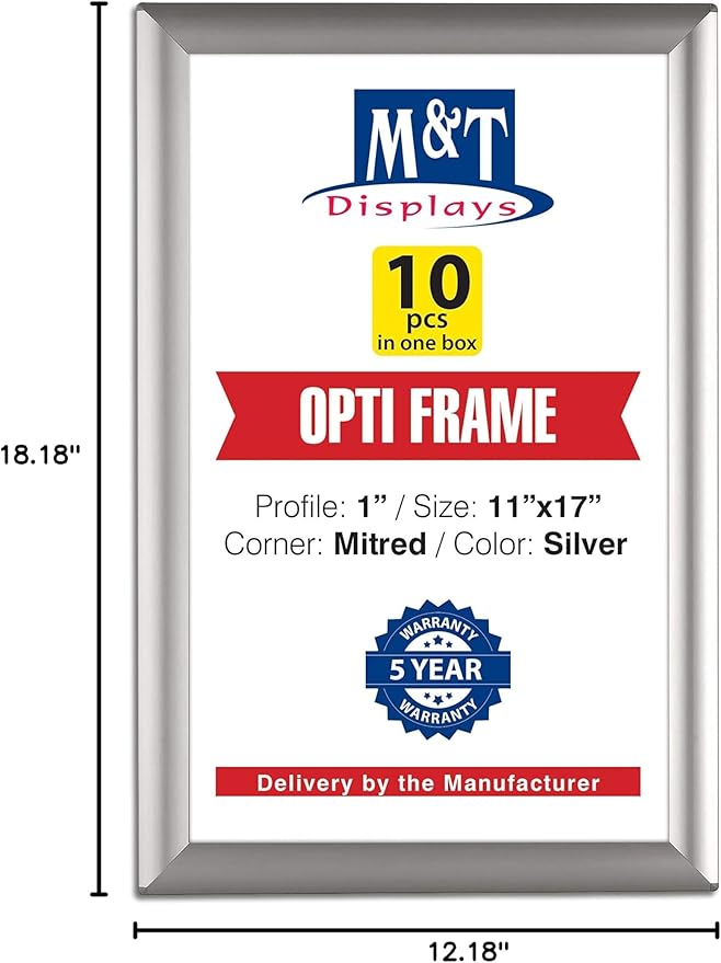 M&T Displays Opti Snap Poster Frame 11x17 Inch Silver 1" Aluminum Profile Front Loading Wall Mounting Photo Picture Document Certificate Sign Holder Mitered Corner Anti Glare Cover (10 pack)