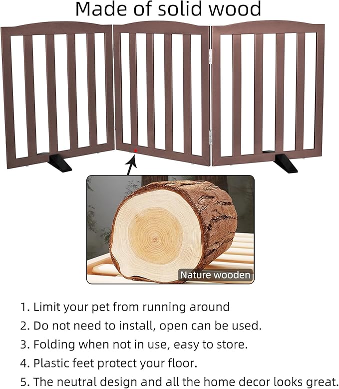 Freestanding Dog Gate Indoor,Doggie Gate Foldable Pet Gates for Doorways,Stairs or Hallways, Wooden Brown Pet Gate for The House, Pet Fence with Support Feet Included,32 "Height-3 Panels