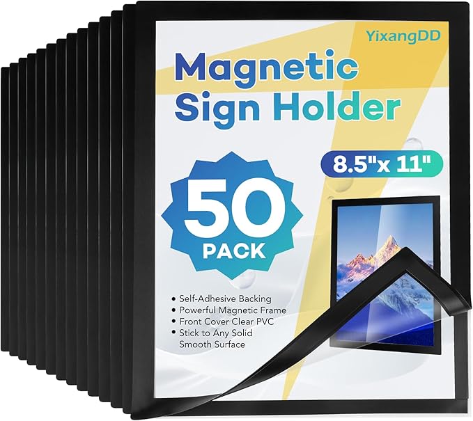 YixangDD 50 Pack Magnetic Sign Holder 8.5 x 11, Self-Adhesive Magnetic Wall Mount Sign Holder, Document Holder for Wall Window Office Poster Store