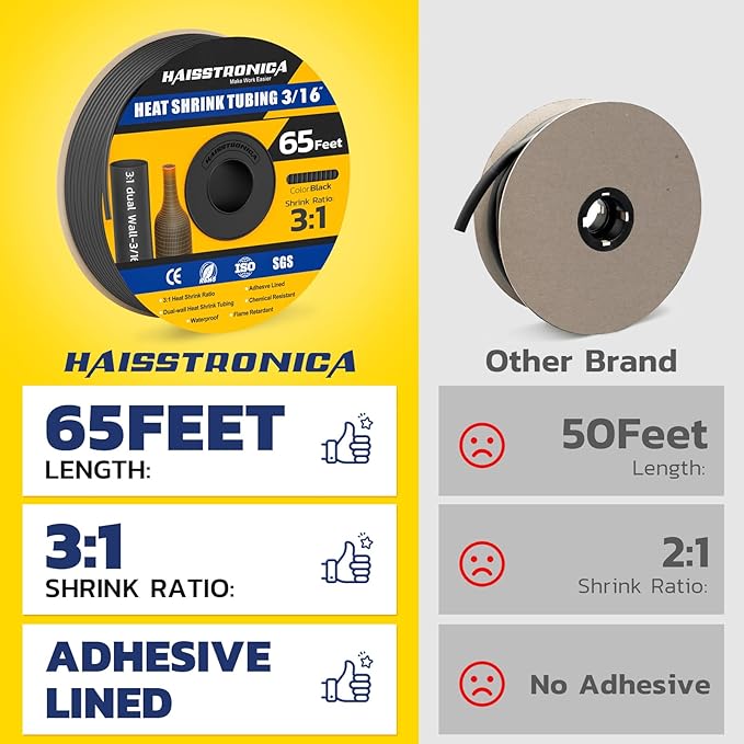 haisstronica 3:1 Heat Shrink Tubing, Shrink Ratio Adhesive Lined Marine Grade Heat Shrink Tube for Home, Automotive and Industrial (Black) 65FT 3/16inch