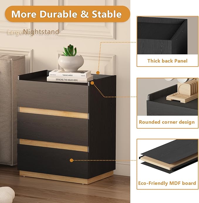 Large Modern Nightstand Black Bedside Table, 3 Drawer Dresser Wood Stackable Storage Drawers for Clothes for Closet, Bedroom, 24"x16"x29"