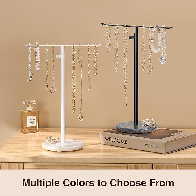 Black Necklace Holder Jewelry Organizer Stand – Adjustable Height T‑Bar Jewelry Display with Dark Gray Marble Base, Necklace & Bracelet Holder, Countertop Jewelry Rack