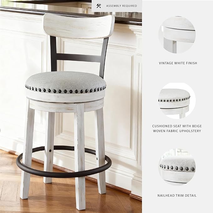 Signature Design by Ashley Valebeck | Modern Swivel 24.5" Counter Height Barstool – Rustic-Industrial Whitewash, Upholstered Cushion, 360° Swivel, Nailhead Trim