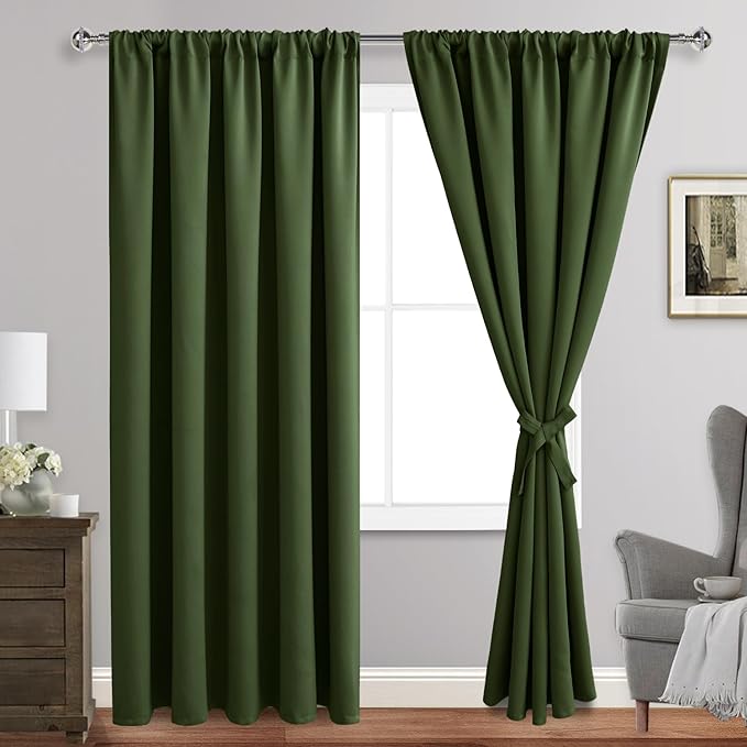 JIUZHEN Blackout Curtains for Bedroom - 60 Inch Extra Wide Thermal Insulated Room Darkening Privacy Soundproof Curtains for Living Room, Set of 2 Panels with Tiebacks, 60 x 84 inches, Olive Green