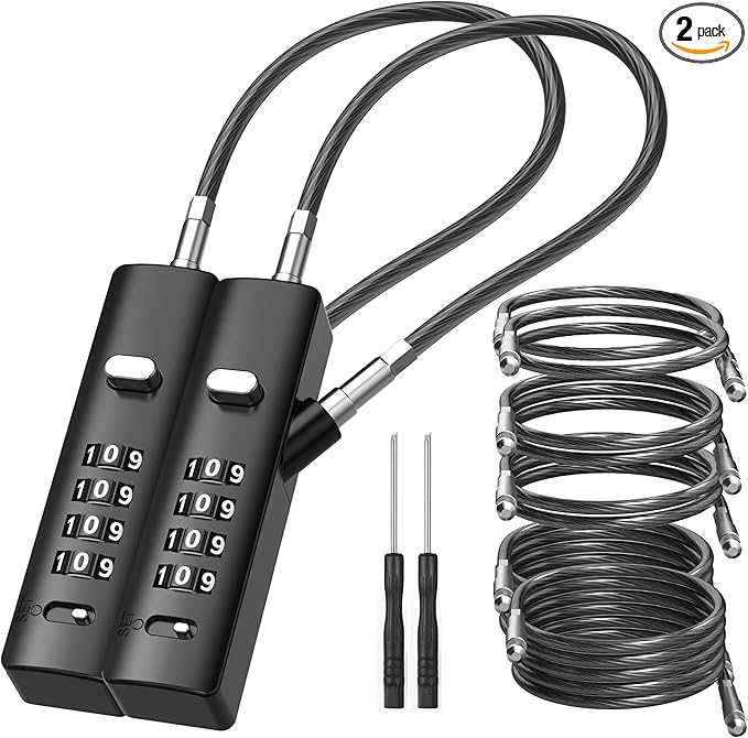 4-Digit Combination Cable Luggage Lock with 3 Interchangeable Steel Cables (9"/24"/47") – for Bike, Backpack, Gym, Cabinet, Gate (Black, 2 Pack)