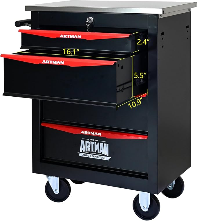 4 Drawer Rolling Tool Chest with Locker, 22.2" D Metal Movable Lockable Tool Cart Box Multi-Functional Hardware Storage Cabinet Box for Warehouse Basement Home Pantry Garage