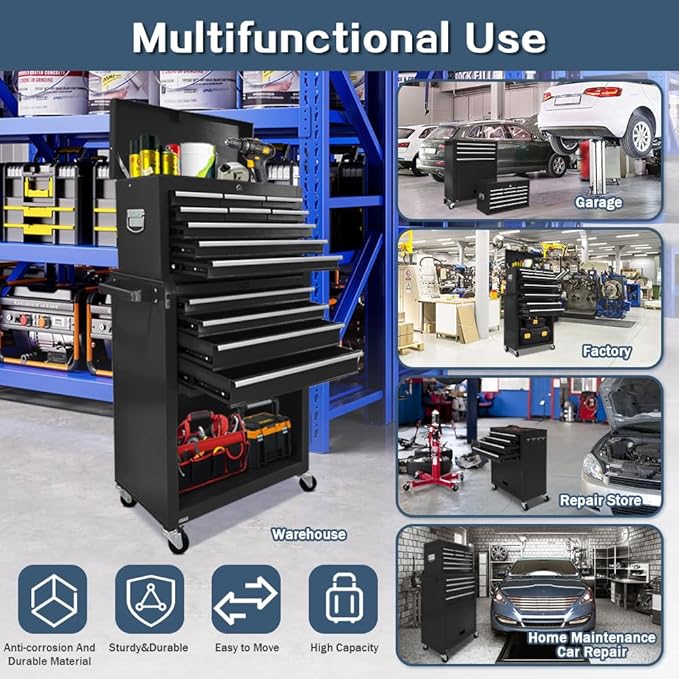 13-Drawer Rolling Tool Chest, 2-in-1 Heavy Duty Detachable Storage Cabinet with Lockable Wheels & Removable Top Box, 600 lbs Capacity for Mechanics, Garage Workshop (BLACK)