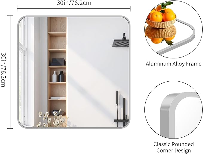 FORBATH 30x30 Inch Silver Bathroom Mirror for Over Sink, Large Square Wall Mirror with Metal Frame, Rounded Corners for Bathroom, Bedroom, Entryway Decor (Horizontal or Vertical)