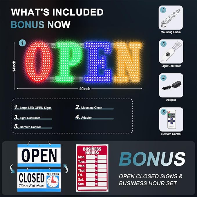 40'' x 14" Large Open Signs for Buisness, Remote Control and Adjustment Brightness & Speed - 14 Mode, LED Open Closed Sign for Bar Store Restaurant Office Hotel Salon Red&Green&Blue&Yellow