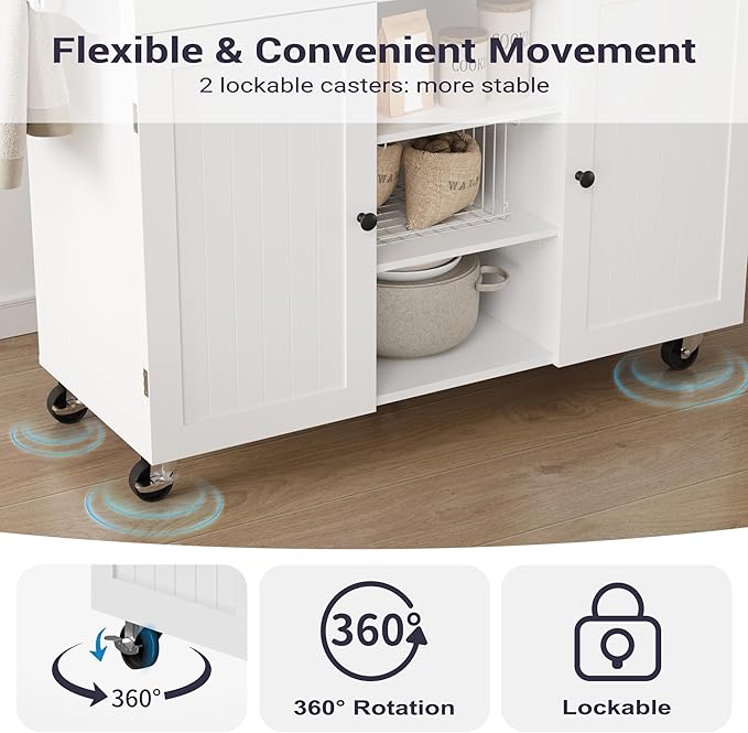 Kitchen Island on Wheels, Rolling Kitchen Island with Drop Leaf and 2 Drawers, Mobile Kitchen Cart Table Storage Cabinet with Tower Rack and Spice Rack for Dining Room, Kitchen, White
