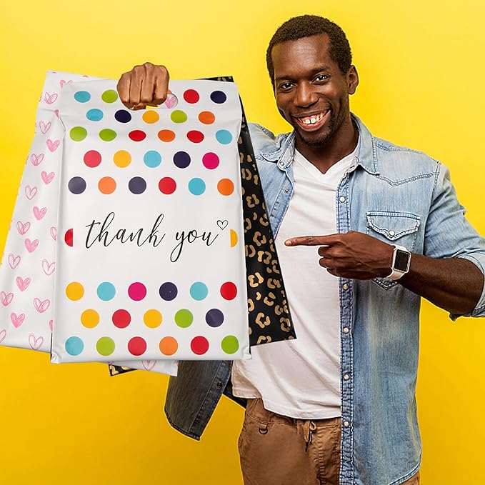JinRuiKJ Poly Mailers with Handle 12x15.5 Inch 50 Pcs, Easy to Carry Packaging Bags for Small Business, Thank You Shipping Bags with Self Adhesive Strip, Tearproof and Waterproof - White Polka Dot