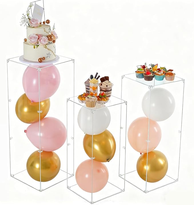 Vincidern 3pcs Acrylic Square Pedestal Stand for Party, Clear Lucite Display Pedestal for Flowers, Sculptures, Cake, Wedding, Events, Art Gallery, Party Decor 31.5*11.8''(L), 27.6*11.2''(M), 23.6*10.2''(S)