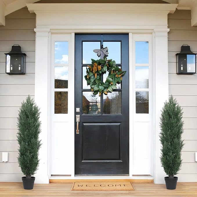 THE BLOOM TIMES 4ft Topiary Trees Artificial Outdoor Set of 2, UV Resistant Faux Cedar Pine Cypress Bushes & Shrubs, Fake Plants for Front Porch Outside Planter Patio Christmas Decor 4 Foot Tall