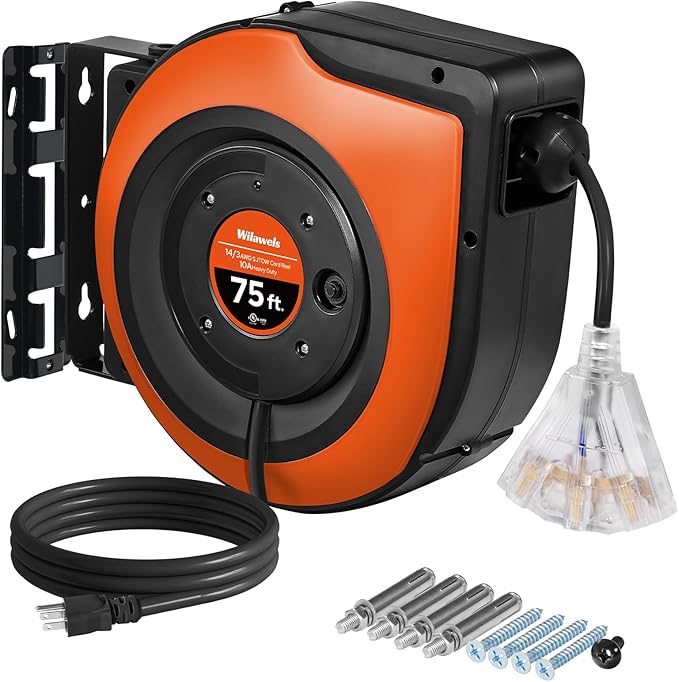 Retractable Cord Reel, 75 FT Heavy Duty Extension Cord, 14AWG/3C SJTOW, 3 Grounded Outlets Lighted Triple Tap, 10A Circuit Breaker, Wall/Ceiling Mounted, UL Listed, Black B75CR06