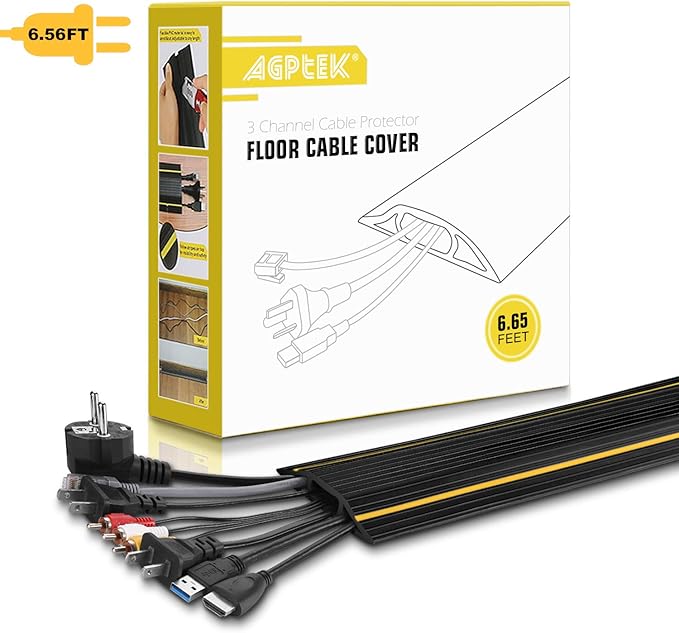 AGPTEK Heavy Duty Floor Cable Cover Cable Protector, 6.5 Ft Floor Cord Protector 3 Channels Floor Cord Cover (Mid Channel 0.93") Contains Cords, Cables and Wires, Good for Office, Home, or Outdoor