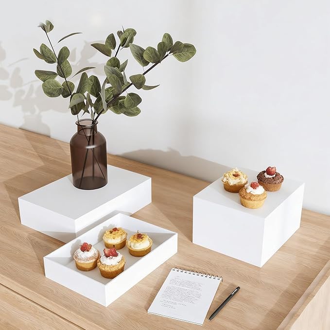 Extra Large Buffet Risers Set, 10" 12" 14" White Acrylic Food Risers for Buffet Table, Display Stand Shelf with Hollow Bottoms for Catering Dessert Collectibles Jewelry Figures Show (White)
