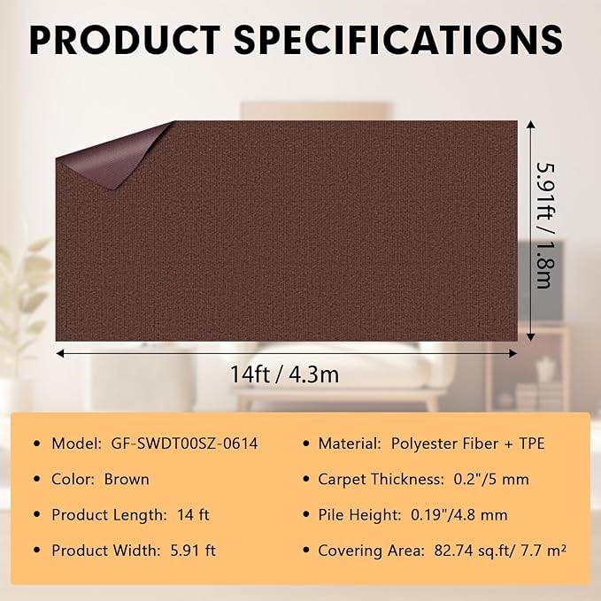 Marine Carpet, 6 FT x 14 FT Brown Indoor/Outdoor Area Rug, 0.2" Thick, Water-Resistant, Non-Slip, Machine Made, Solid, Marine Animals Theme