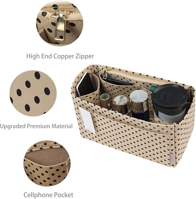 ZTUJO Purse Organizer Insert For Handbags, Silky Touching Bag Organizer Insert With Bottle Holder, Perfect for Speedy, Neverfull, Tote,ONTHEGO,Artsy,Handbag and More (X-Large, Brown polk dots Beige)