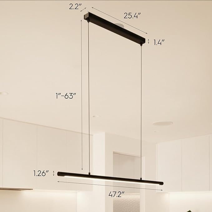 LED Linear Pendant Light, Office Light, Flicker-Free, Dimmable, Modern Ceiling Lighting for Bedroom Dining Room Table, 20W 3000K Warm Light 47.2" Black