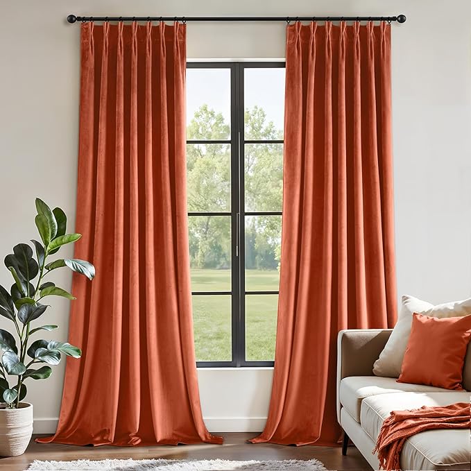 MIULEE Terracotta Velvet Curtains 108 inches Long, Pinch Pleated Blackout Fall Drapes with Hooks, Thermal Insulated Pinch Pleat Panels for Bedroom Living Room, 2 Panels