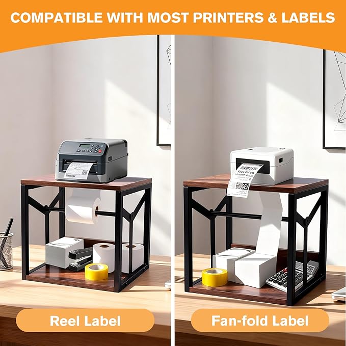 Label Holder for Rolls and Fan-Fold Labels,Thermal Printer Sticker Roll Holder for Desktop,Wood Shipping Label Dispenser with Metal Frame,Label Stand Supplies for Home Office Small Business