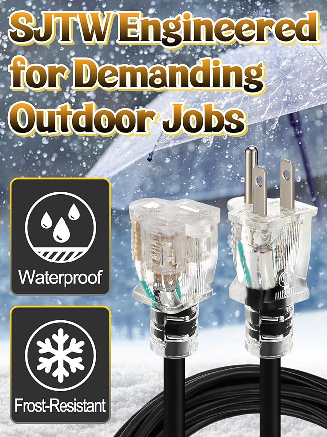 Lighted End Heavy Duty Outdoor Extension Cord Waterproof -16AWG, 3 Prong, 15A, 1875W, Flexible Black Power Extension Cord for Outsides, 25ft