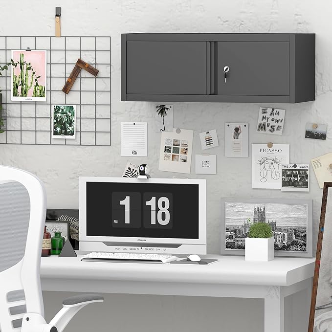 GREATMEET Metal Garage Storage Cabinets, Lockable Storage Cabinet with Doors, Wall Mount Cabinet Storage with Lock, Hanging Floating (Black, 13" H)