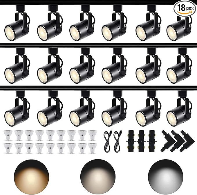 Dimmable LED GU10 Track Lighting Kit with Replaceable GU10 Bulbs, 18-Pack All-in-One Plug in 3CCT Ceiling Spotlights with 19.68FT Track Rails, Accent Lighting for Home, Store, Moblie Cart and Office