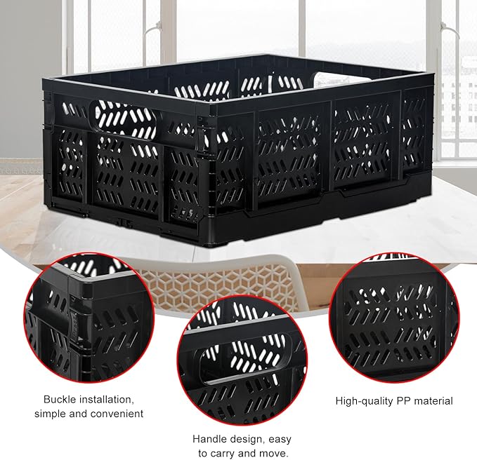 Heavy Duty Plastic Milk Crates for Storage, 4-Pack Stackable Storage Bins for Organizing, Collapsible Storage Basket with Handle for Groceries, Suitable for Home Office School Store, Black