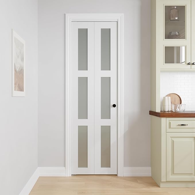 Bifold Doors for 28" x 80" Opening, 3-lite Tempered Frosted Glass Closet Folding Doors with Hardware kit Included, Easy Assembly, White