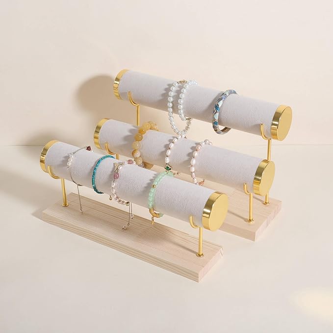 GemeShou Velvet Bangle storage oragenizer for selling,Beige bracelet storage rack for boutique store, Velvet wrap watch holder with wooden base for women girls【Bracelet holder-two tiers】