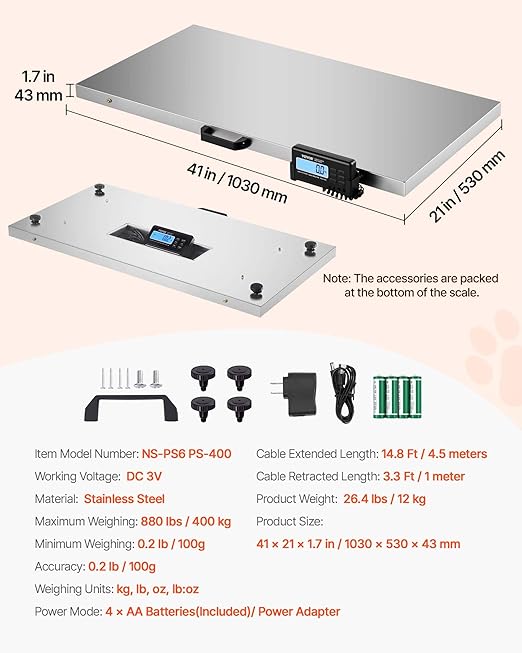 VEVOR 880Lbs x 0.2Lbs Livestock Scale Shipping Scales Large Platform 40.6x20.9Inch Stainless Steel Vet Scale Industrial Floor Scale Large Animal Dog Pig Scale Goat Weight Scale Pet Digital Scale