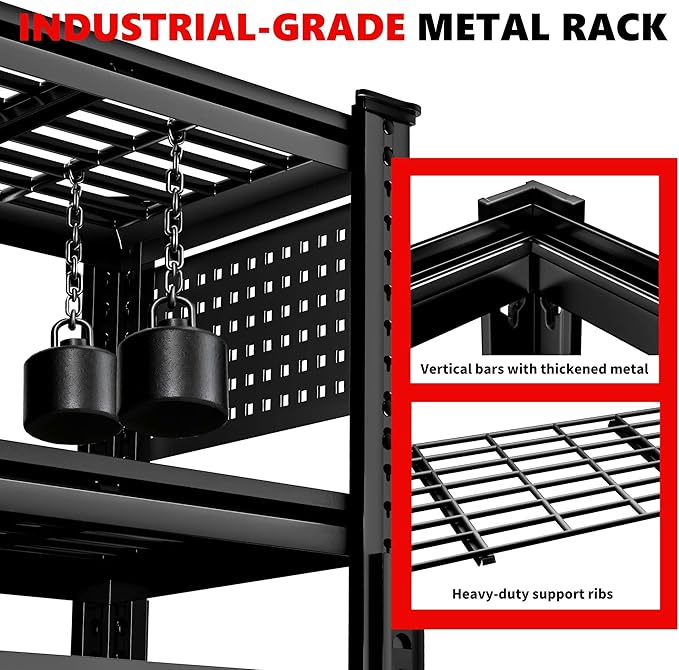 SILVEL 48.2" W Garage Shelving, 5000LBS Heavy Duty Metal Shelving, 2025 Grid Storage Shelves with 2 Side Pegboards, Industrial 5 Tier Shelves for Basement Pantry Warehouse Supermarket, 4 Pack