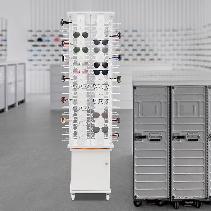 Sunglasses Display Stand, 144 Pairs Wooden 360° Rotating Sunglass Eyeglass Holder Organizer, Glasses Hanger Storage Rack for Retail Commercial Display, W14.6*H66.1in (White)