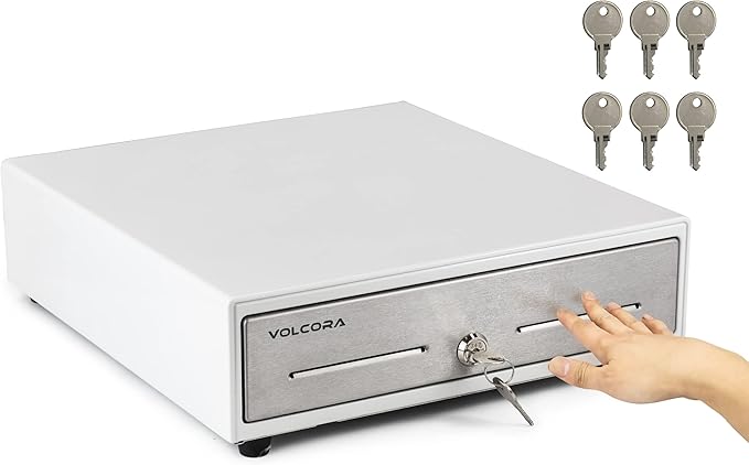 Volcora 13" Manual Push Open Cash Register Drawer for Point of Sale (POS) System - White with Stainless Steel Front Touch Panel - with 4 Bills and 5 Coin Slots, Key Lock with Removable Coin Tray