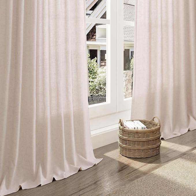 Nanspring Natural White Linen Curtains 63 Inch Length for Living Room Blend Semi Sheer Farmhouse Decor Curtains Back Tab Privacy Boho Light Filtering Semi Sheer Curtain for Bedroom 52x63, 2 Panels