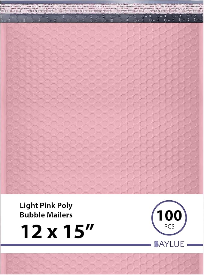 Light Pink Large Poly Bubble Mailers 12x15 inch | Self Seal Padded Envelopes Cushioned Bubble Mailer | Usable Size 12x15 | WaterProof | Lightweight mailing Shipping Bags | 100 Pack Bulk