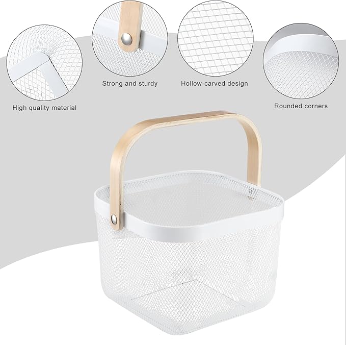 Roshtia 6 Pcs Metal Mesh Steel Basket with Handle, Square Wire Harvest Thanksgiving, Shopping Baskets for Retail Store Christmas Garden Bathroom Kitchen(9.65 x 9.65 x 7.09 Inch,White)