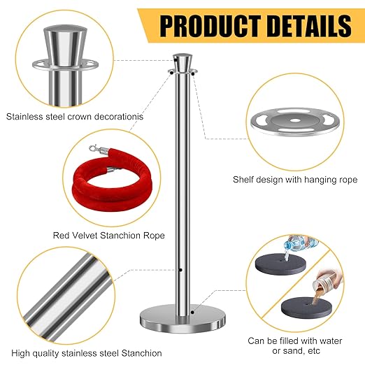 kaiyomi 4Pcs Stanchions with Red Velvet Ropes Set, 5 Feet Velvet Ropes and Posts Poles for Red Carpet Party Decoration and 360° Photo Booth (Silver)