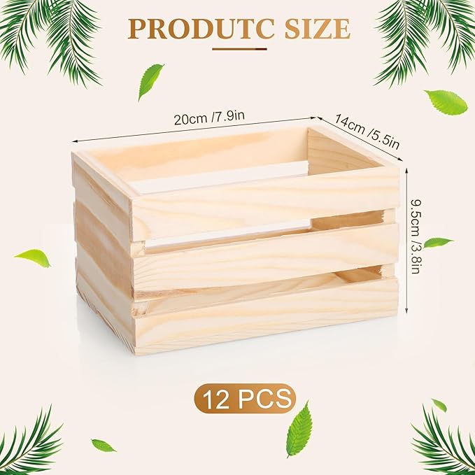 Gerrii 12 Pcs 8'' Small Wooden Crates for Crafts Unfinished Crates Centerpiece Mini Rustic Wood Basket Box for Display Storage Milk Wine Closet Home Bathroom Kitchen Office Decor