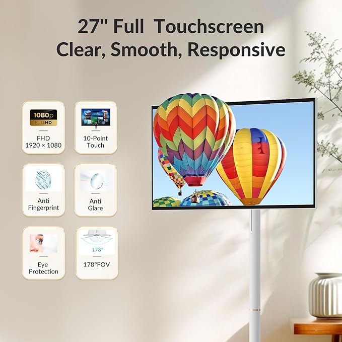 27" Smart Portable TV on Wheels, 16-Hours Playtime, Rolling TV with 8GB+128GB, Android 14, EDLA-Certified Touch Screen Monitor, 13 MP Camera, Remote & Voice Control